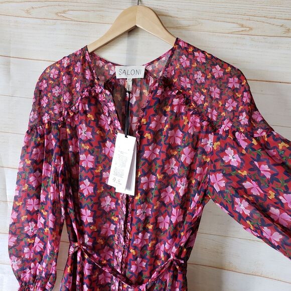 Saloni Pixie Silk Chiffon Floral Print Ruffled Mini Dress Size 6 Pink Red - Picture 7 of 16